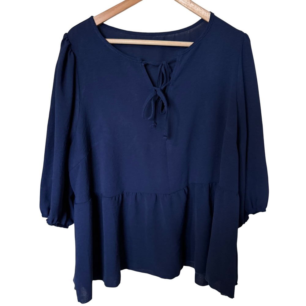 Unbranded Blouse Women‎ XL Navy Blue Good Tie-Neck Puff Sleeve Peplum Hem Boho